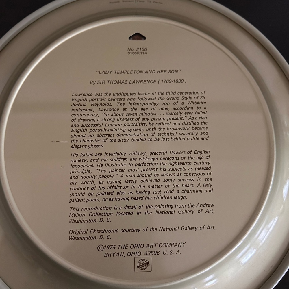 Vintage 1974 Ohio Art Lady Templeton Plate Sir Thomas Lawrence metal plate 10” - Picture 3 of 4